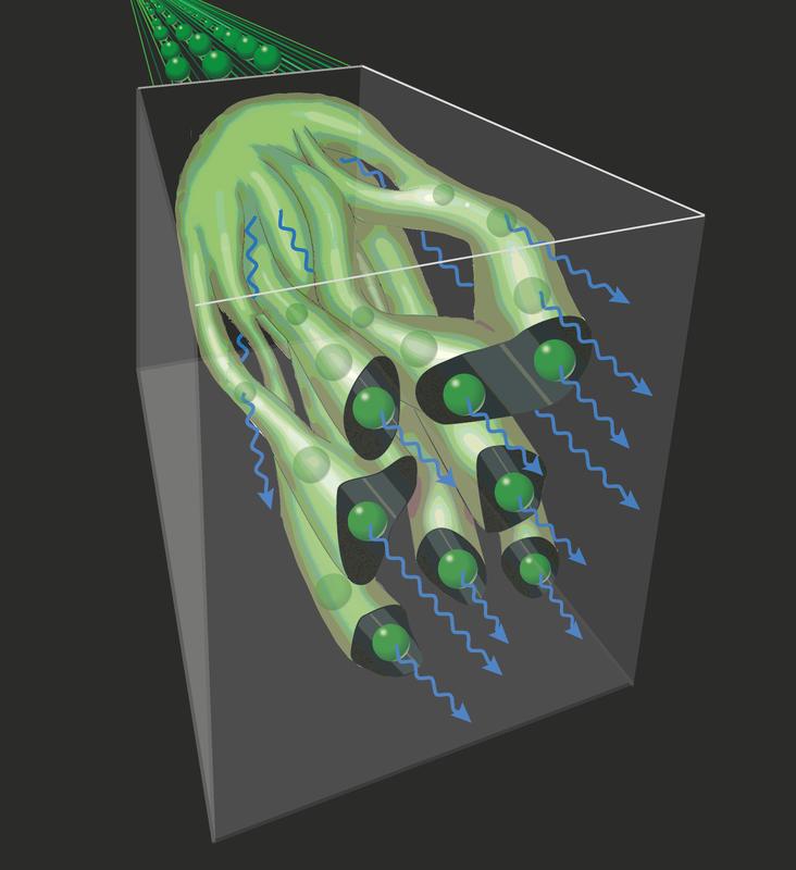Fig. 1: Illustration of the efficient Gamma-ray emission (blue) from an ultra-relativistic high-density electron beam (green) which splits into filaments while passing through a thin metal foil.