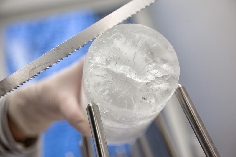 An AWI scientist is preparing an Arctic sea-ice core for a microplastic analysis  in a lab at the AWI Helgoland.