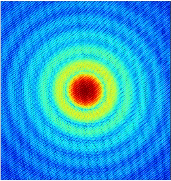Beugungsmuster von der Probe, bei dem die magnetischen Anteile mit dem bloßen Auge sichtbar sind (feines Interferenzmuster). 