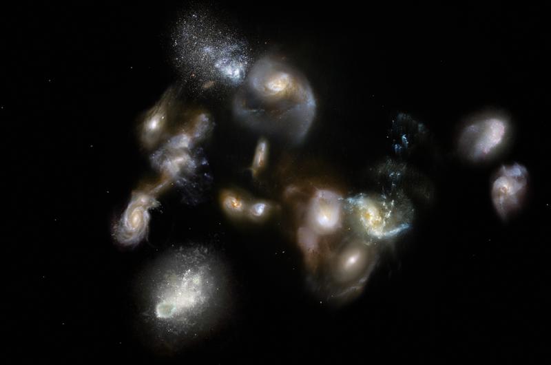 Künstlerische Darstellung der Anordnung von Galaxien in SPT 2349. Solche Zusammenschlüsse von Galaxien wurden mit ALMA und APEX beobachtet und zeigen die Entstehung von massereichen Galaxienhaufen.