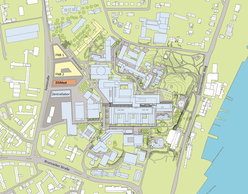 Zukünftiger Forschungs-und Lehrcampus der Medizinischen Fakultät im Gesamtbild des Baulichen Masterplans des Universitätsklinikums Schleswig-Holstein (UKSH). 