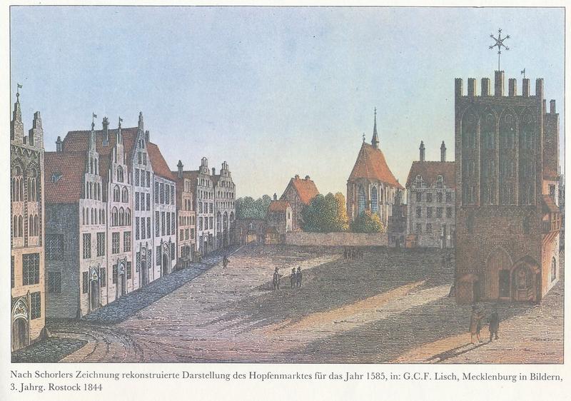 Der Hopfenmarkt im Jahr 1585, rechts das Lectorium, Rekonstruktion aus dem 19. Jahrhundert.