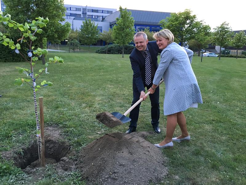 Ein Baum für die Freundschaft und gelebte Kooperation: Rektor Miroslav Holeček und Präsidentin Prof. Dr. Andrea Klug