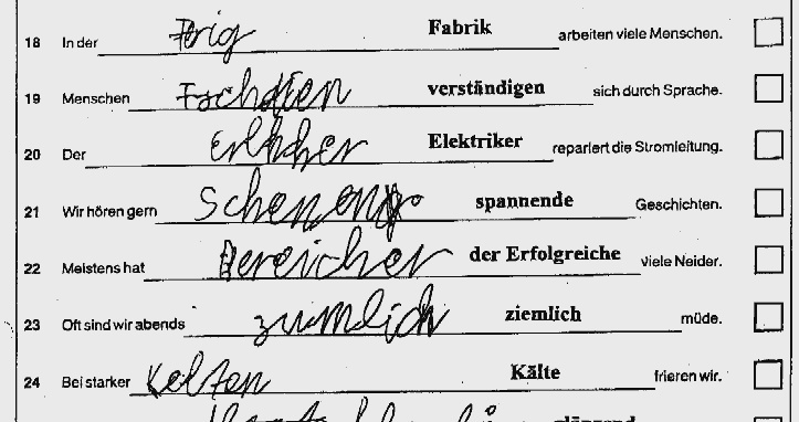 Schriftproben eines gymnasial begabten Jungen mit Legasthenie in einem standardisierten Rechtschreibtest (WRT 4/5), der in Form eines Lückentextes vorliegt.