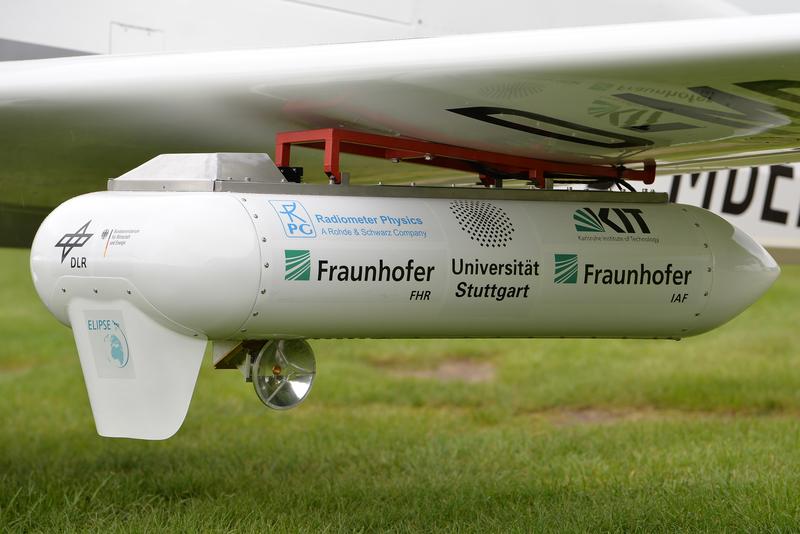 E-Band-Sender am Flügel des Experimentalflugzeugs. Eine kleine Parabolantenne sorgt für die korrekte Ausrichtung auf die Bodenstation. 