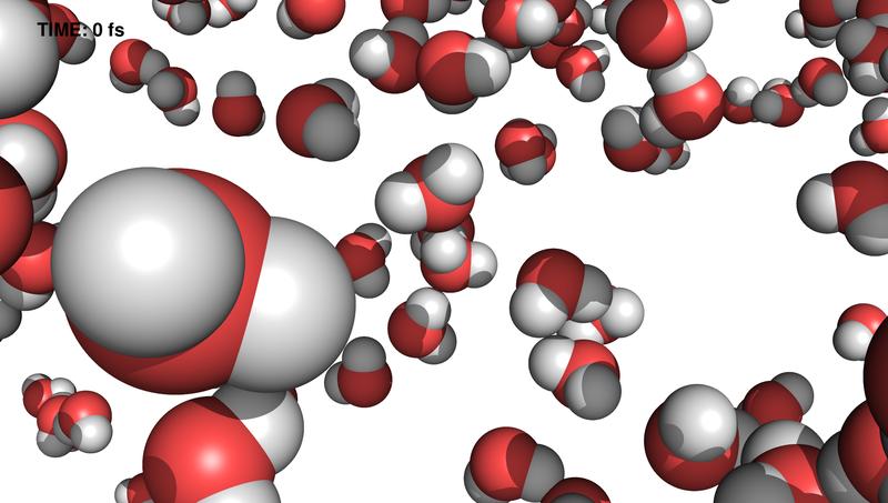 Wassermoleküle zu Beginn des Versuchs, Wasserstoff ist weiß dargestellt, Sauerstoff rot. 