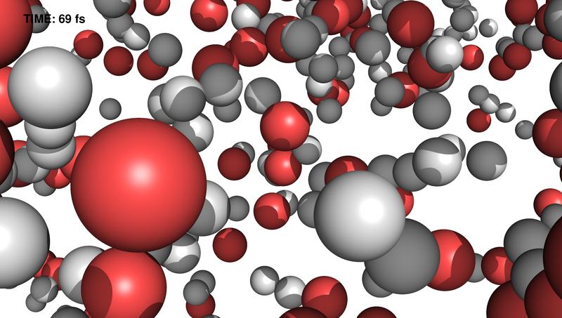 Nach knapp 70 billardstel Sekunden (Femtosekunden) haben sich die Wassermoleküle bereits weitgehend in Wasserstoff (weiß) und Sauerstoff (rot) getrennt.