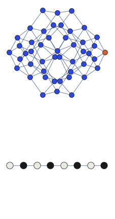 Zehn Atome schwingen zwischen dem Grundzustand (schwarz) und dem angeregten Zustand (weiß) hin und her. Oben: verschiedenen Wahrscheinlichkeiten der individuellen Konfigurationen im Laufe der Zeit.