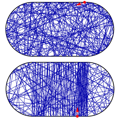 Ball bouncing chaotically in a stadium (top). If it starts near an unstable trajectory, it remains close to this trajectory for some time but eventually escapes (bottom).
