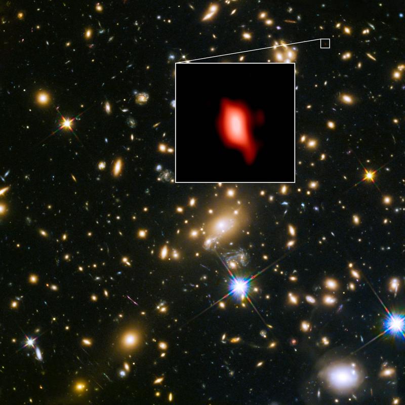 Hubble- und ALMA-Aufnahme von MACS J1149.5+2223. 