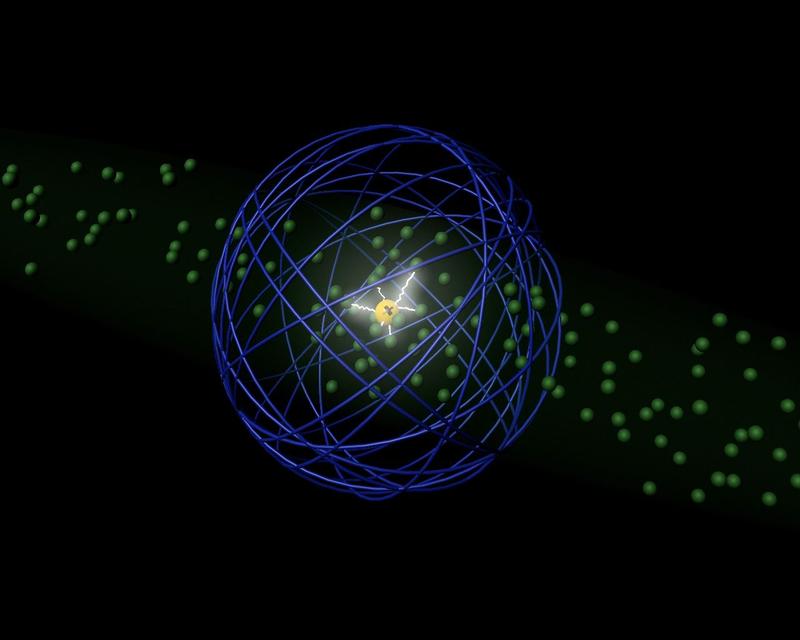 Der geladene Kern eines Riesenatoms wechselwirkt mit benachbarten Atomen, während das Elektron weit entfernt den Kern vor elektrischen Störfeldern schützt. 