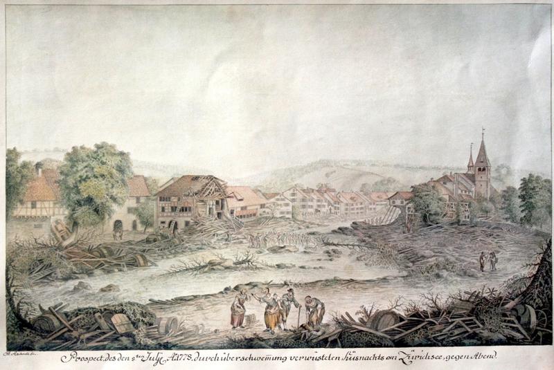 Küsnachter Dorfkern 1778 nach der Überschwemmung, Blick nach Westen bachabwärts; Stich von Johann Jakob Aschmann.