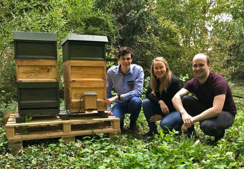 Das Team apic.ai mit (v. l.) Frederic Tausch, Katharina Schmidt und Matthias Diehl mit der selbstentwickelten Hardware vor dem rechten Bienenstock