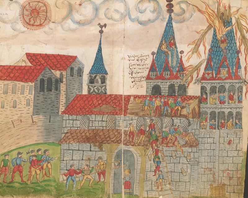 Brand des Zürcher Grossmünsters nach einem Blitzeinschlag am 7. Mai 1572 in den Glockenturm. Quelle: Wick, Johann Jakob.