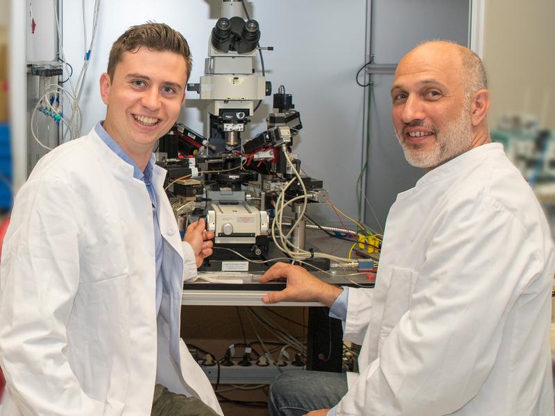 Niklas Beckonert (links) und Prof. Dr. Heinz Beck  im Labor für Experimentelle Epileptologie und Kognitionsforschung der Universität Bonn. 