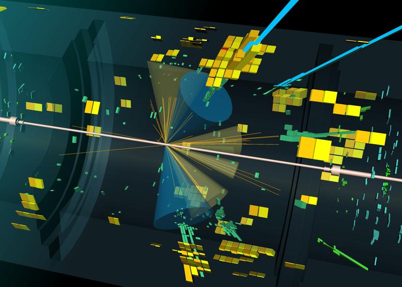 Die ATLAS-Aufnahme zeigt einen Kandidaten für die Produktion des Higgs-Bosons zusammen mit zwei Top-Quarks.