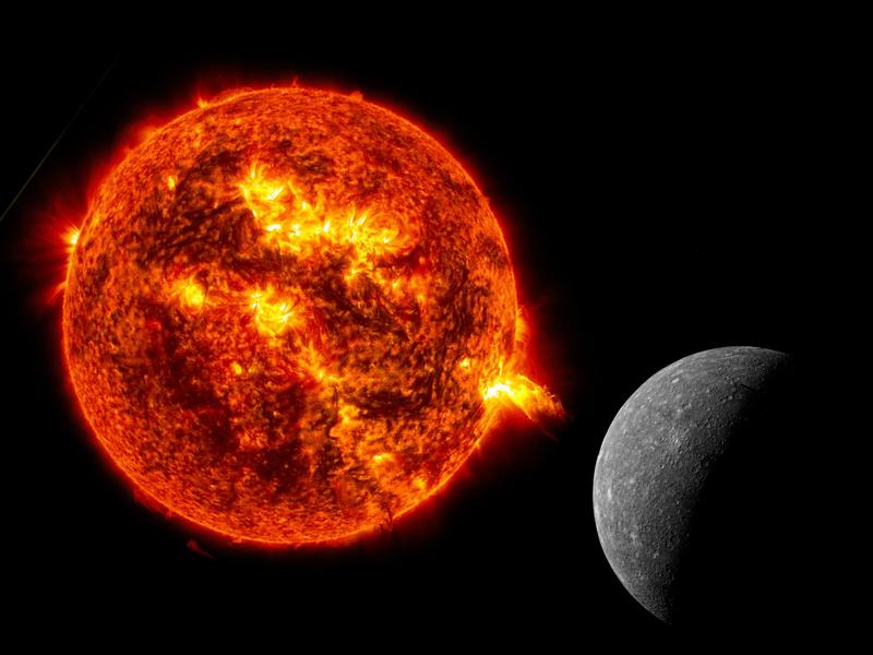 Teilchen von der Sonne treffen mit hoher Geschwindigkeit auf dem Merkur ein.