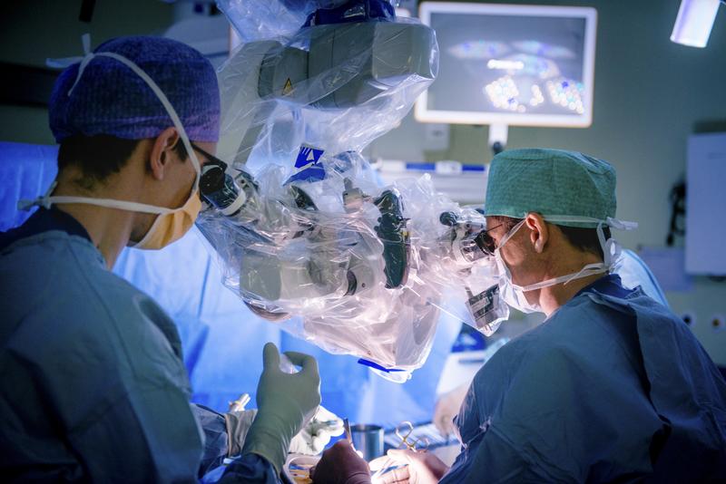 Neurosurgeons at Inselspital, Bern University Hospital operate under the microscope.