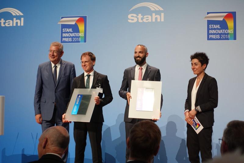 l.t.r.: Arndt G. Kirchhoff (patron of the event), Gerhard Backes (Chair for DAP at RWTH Aachen University), Thomas Schopphoven (Fraunhofer ILT) and presenter Dunja Hayali.