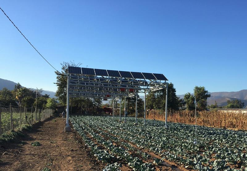Three APV pilot plants (the picture shows the one in Curacaví), fostering the dual land use of photovoltaics and crop growing, are being tested in Chile.