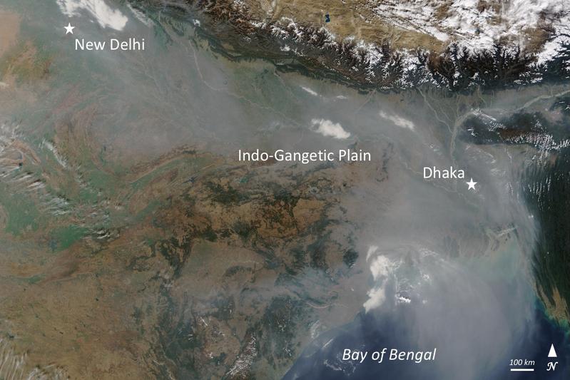 An enormous cloud of pollution over South Asia: The Atmospheric Brown Cloud is created during the winter months every year by the combustion of biomass and fossil fuels.