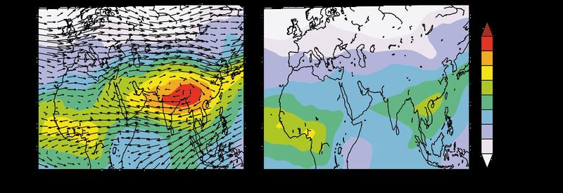 Modelled carbon monoxide concentrations (CO) over South Asia at an altitude of 12 to 17 kilometres (l), without emissions from South Asia (r). The left figure also shows the winds over the region. 