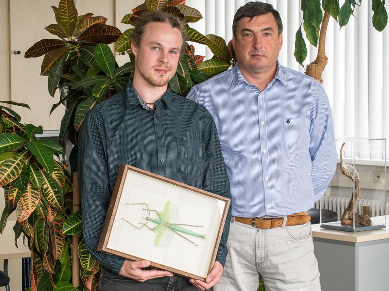 Thies Büscher (li.) mit Doktorvater Stanislav Gorb. In seiner Doktorarbeit am Zoologischen Institut der CAU erforscht Büscher die Mikrostrukturen auf den Haftpolstern von Stab- und Gespenstschrecken.