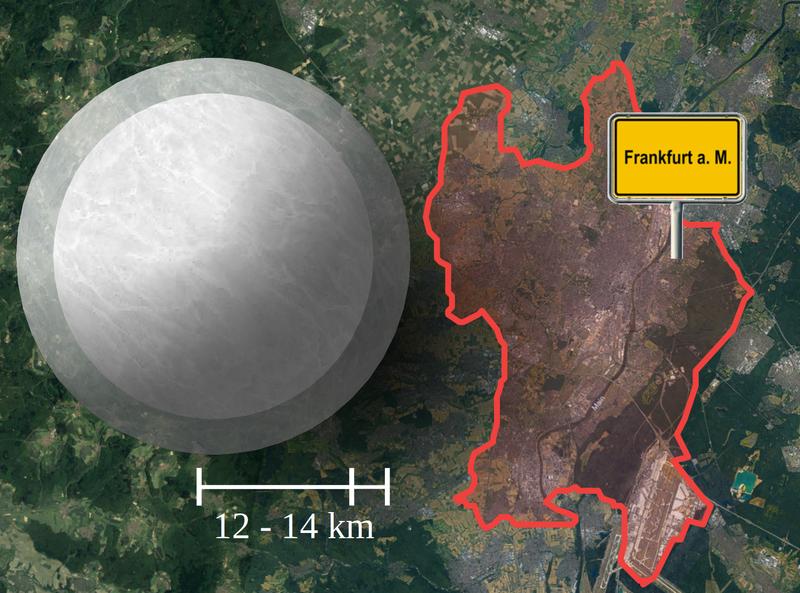 Größenintervall eines typischen Neutronensterns im Vergleich zur Stadt Frankfurt 