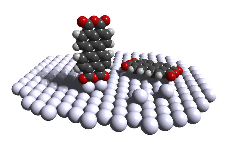 Upright PTCDA molecule on a silver platform (left); normally the molecule is deposited flat against the flat layer of silver atoms (right).