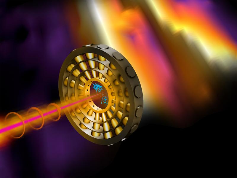 Ultrakurze Röntgenpulse (rosa) ionisieren Neongas im Zentrum des Rings. Ein Infrarotlaser (orange) lenkt die Elektronen (blau) auf ihrem Weg zu den Detektoren ab