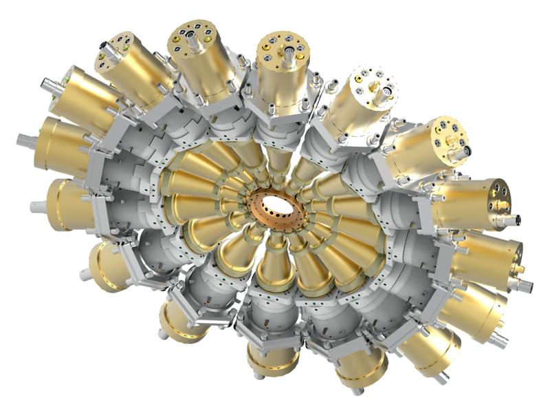 Illustration of the array of 16 detectors arranged in a circle like the dial of a clock. 