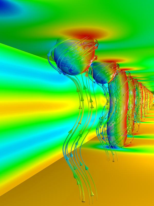 Abfolge von „magnetischen Schwimmern“ (vorne) und Skyrmionen (weiter hinten) für die Informationsspeicherung