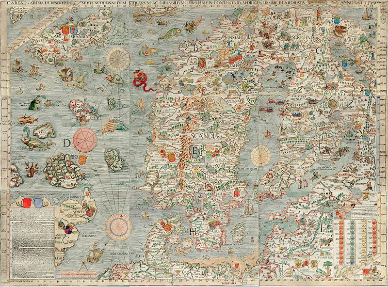 Die Carta marina (1539) ist die früheste recht korrekte Landkarte Nordeuropas, die aufgrund zahlreicher Details für Klimaforscher eine wichtige zeitgenössische Quelle darstellt.  