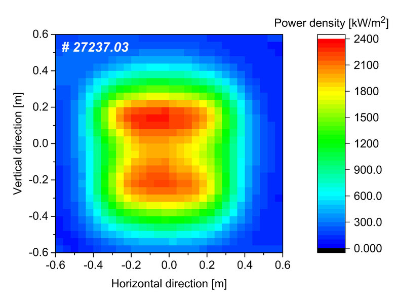 Infrarot-Foto des Kalorimeters, das die Leistungsdichte des erzeugten Teilchenstrahls misst. Der aufprallende Strahl zeigt den gewünschten homogenen Quer