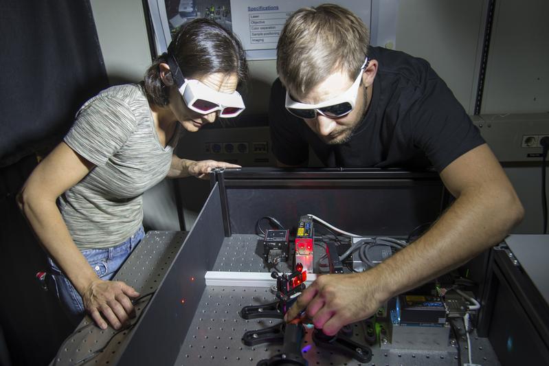 Dr. Zeynep Ökten und Mitautor Willi L. Stepp am Fluoreszenzmikroskop. 