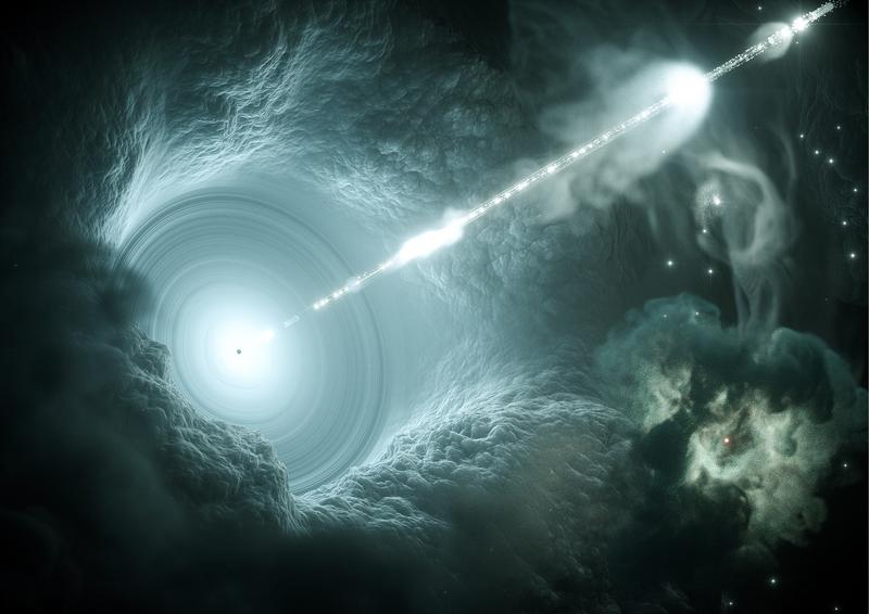 Künstlerische Darstellung des aktiven Galaxienkerns. Das supermassive Schwarze Loch im Zentrum der Akkretionsscheibe schickt einen energiereichen, scharf gebündelten Teilchenstrahl senkrecht ins All.