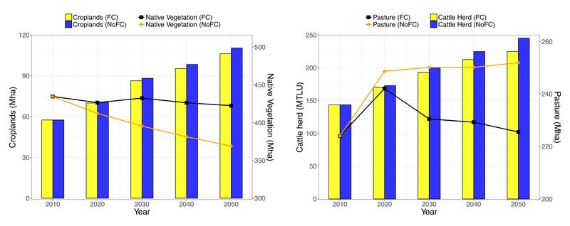 Bars show predicted cropland area (left) and cattle numbers (right) from 2010-2050. Lines show levels of native vegetation and pasture area