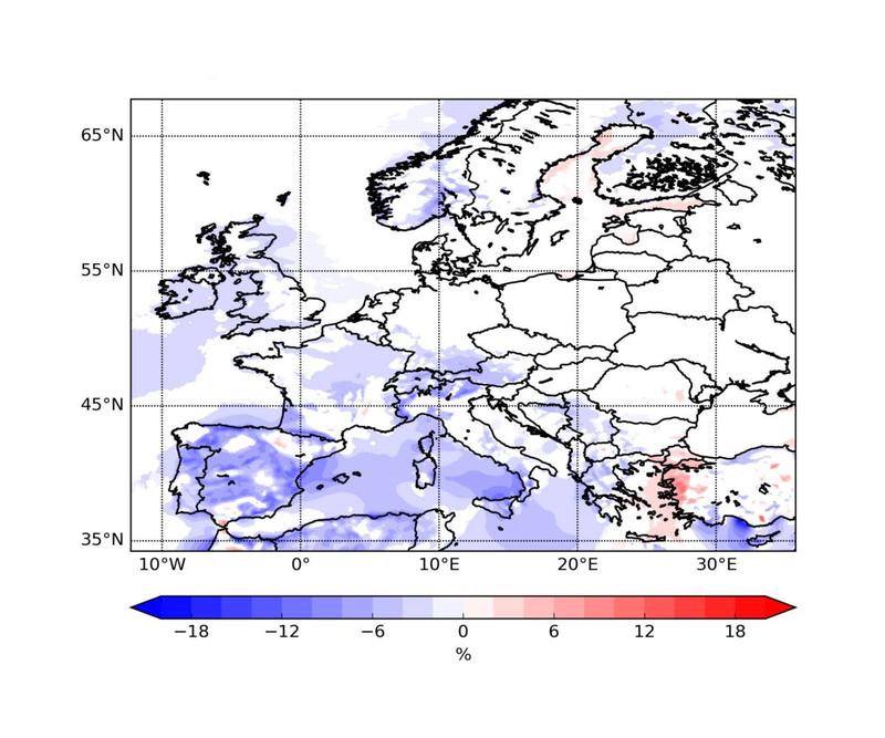 Änderungen der mittleren jährlichen Windstromproduktion (Eout, in Prozent) in Europa 2071 bis 2100 im Vergleich zu 1971 bis 2000.