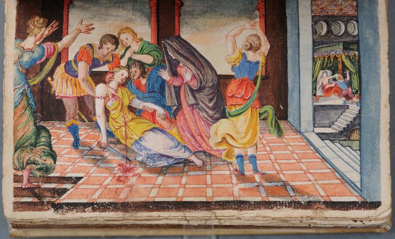 Der Tod der Lucretia: Betrauert und beweint sinkt Lucretia nieder, nachdem sie sich den Dolch in die rechte Brust gerammt hat, um der Schande zu en
