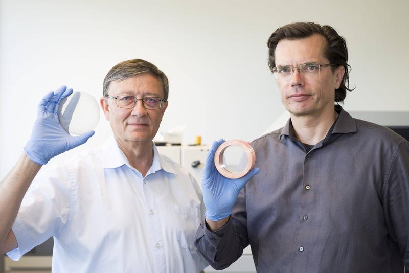 Professor Theo Scherer (l.) und Dr. Dirk Strauss (r.) vom Institut für Angewandte Mate-rialien (IAM) des KIT mit den Diamantscheiben 