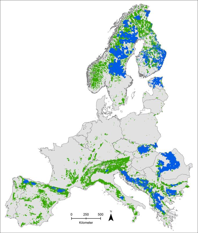 Die Karte zeigt Gebiete, in denen aktuell Braunbären leben (blau), Gebiete, die als Lebensraum für Bären geeignet wären, jedoch derzeit nicht besiedelt sind (grün), sowie als Bären-Lebensraum un