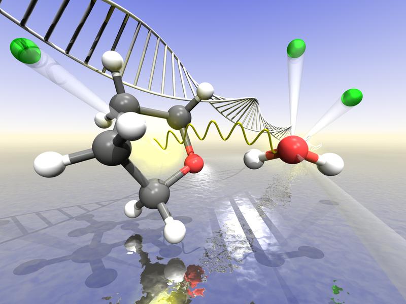 Künstlerische Darstellung des ICD in einem THF-Wasser-Dimer als Modell für einen Baustein des DNS-Moleküls (Hintergrund).