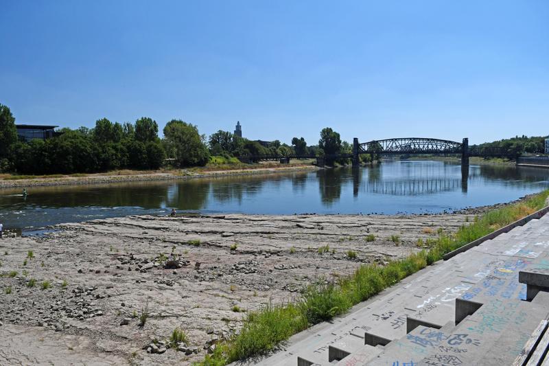 Elbufer bei Niedrigwasser am 24. Juli 2018 in der Nähe des Magdeburger Domfelsens. 