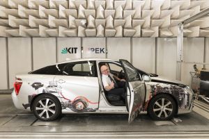 Professor Albert Albers, Leiter des IPEK, in einem Brennstoffzellenfahrzeug (Toyota Mirai) auf dem Rollenprüfstand. 