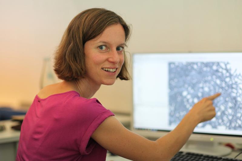 Professor Jennifer Niessner (HHN) mit einem vergrößerten Ausschnitt des textilen Filtermaterials.