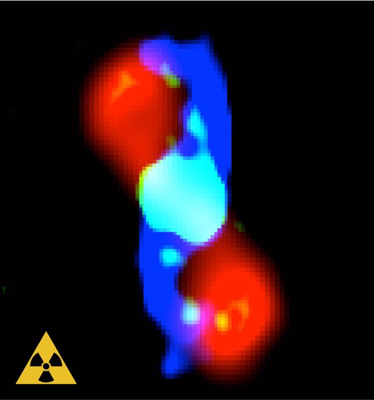 Components of the nebula around the star CK Vul: diazenylium (N2H+) in blue, methanol (CH3OH) in red and AlF in cyan/green/yellow. The radioactive 26AlF was observed only in the very inner region.
