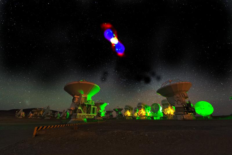 Color reproduction of the nebula surrounding the star CK Vul (cf. Fig. 1), overlayed onto a night image of the ALMA antennas at 5100 m altitude on Chajnantor, Chile.