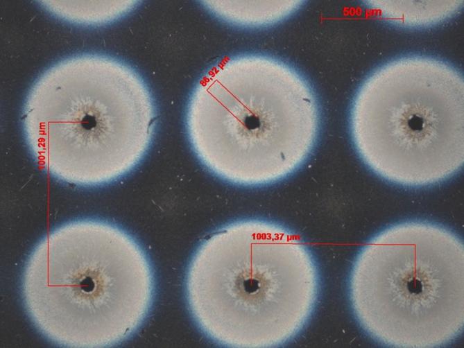 Lichtmikroskopische Aufnahme eines prototypischen Silizium-Filters nach der Laser-Mikrobearbeitung mit Porengrößen im Bereich von 50 µm Durchmesser. 