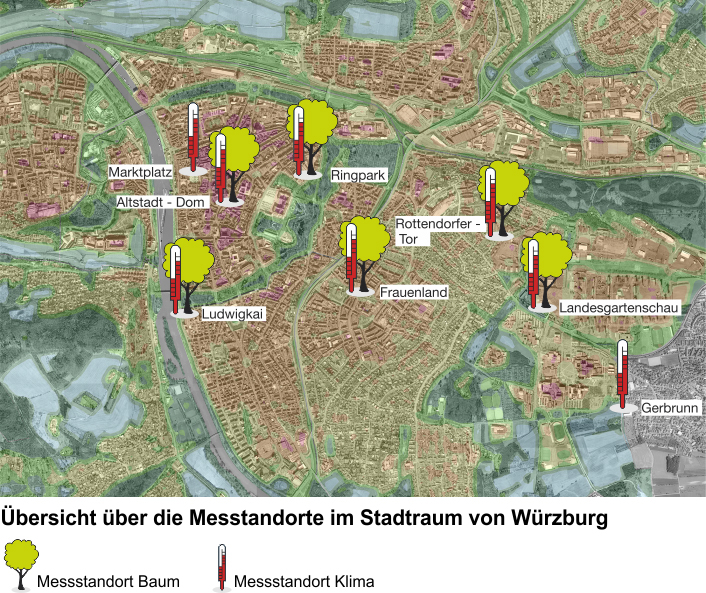 Karte von Würzburg: Hier stehen die Messstationen des Projekts „Klimaerlebnis Würzburg“ 