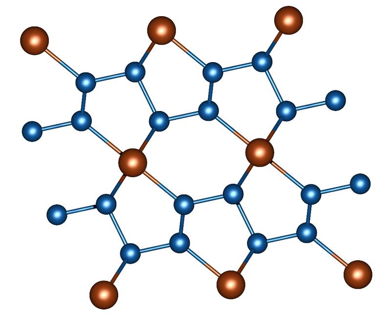 Abb. 1: Ausschnitt aus der Kristallstruktur von FeN₄. Stickstoffatome sind blau, Eisenatome braun. 